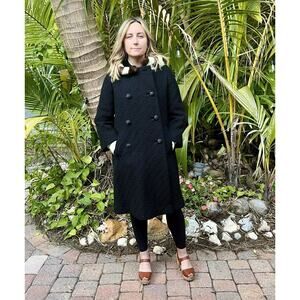 Vtg MCM Black Coat Striped Fur Collar Swing Textured OOAK Midi Glam Mob Wife